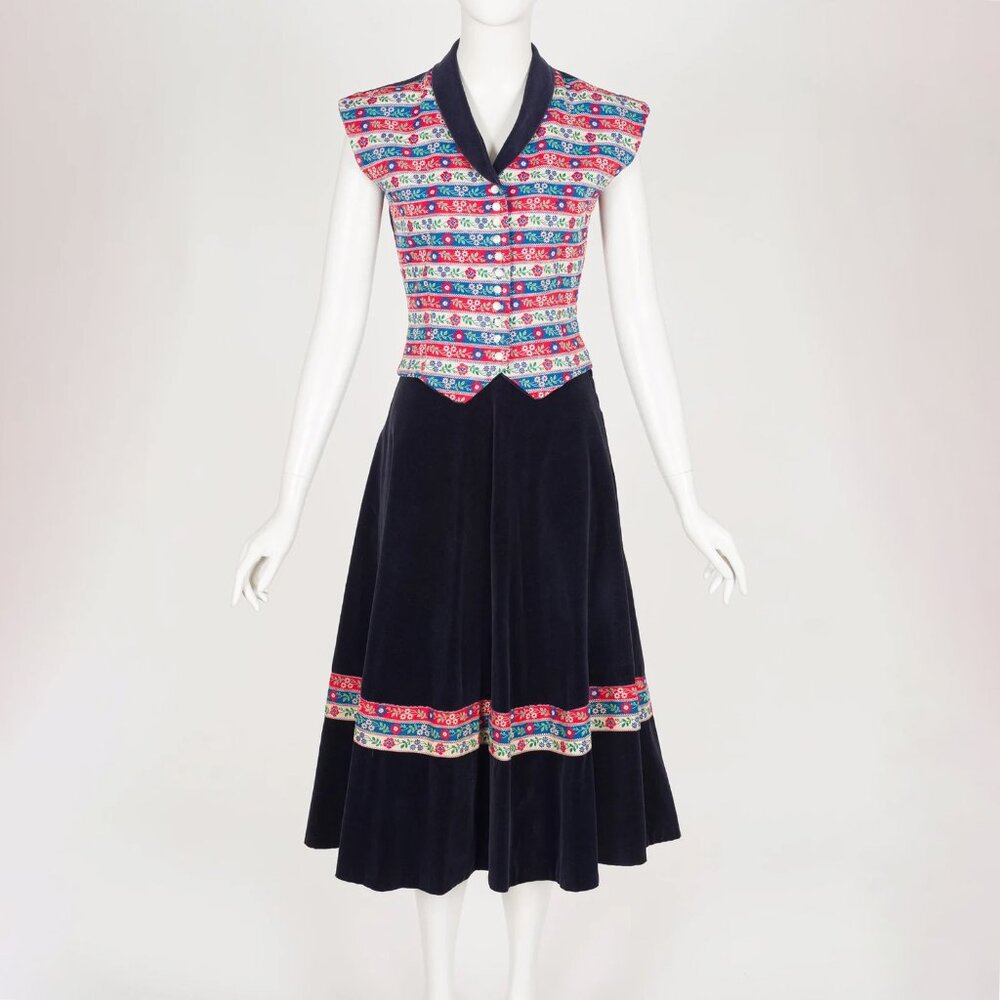 1950s Vintage Folk Floral Ribbon Navy Blue Cotton Velvet Top & Skirt Set Sz XS